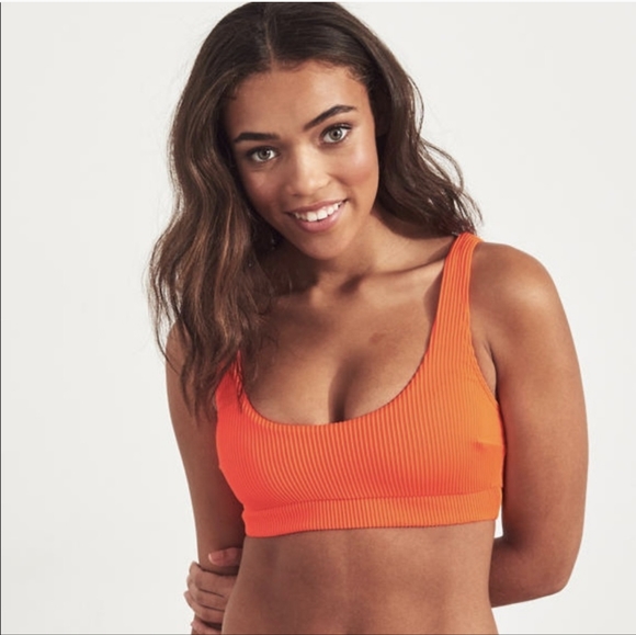 Hollister Swim XL Ribbed Scoop Neon Orange Bikini Top Bright Vacation Vibes - Picture 1 of 12